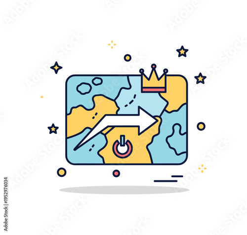 Territorial conquest concept stylized map fragment with a bold arrow moving across borders and a small crown icon, conveying strategy, power and expansion of