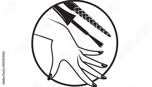 Hand with manicure tools including a nail file and brush inside an oval, stylized black and white graphic representation.