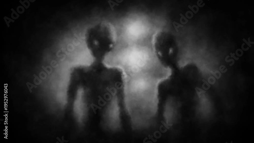 Eerie silhouettes of alien humanoids in beams of light. 2D animation in the sci-fi horror genre. Blue background. Looping video in VJ style. Eerie animated short film. A dark ghost in the haze.
