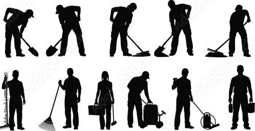 Silhouettes of workers performing landscaping and gardening tasks with tools such as shovels, rakes, brooms, sprayers, and containers for outdoor maintenance illustration