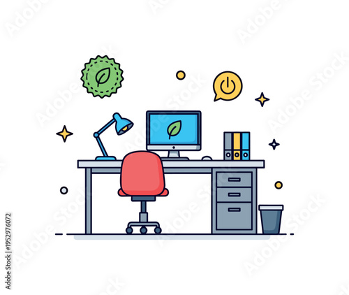 Energy efficient office concept illustrated by a compact workspace with a small green leaf badge and subtle power icon, conveying sustainability, smart