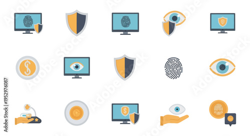 Security Icons: Computer Shield Fingerprint and Eye Symbols.