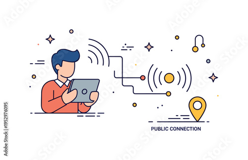 Public Wi Fi connection moment shown as a person holding a tablet while signal waves link to a minimal hotspot icon, symbolizing access and mobility. A