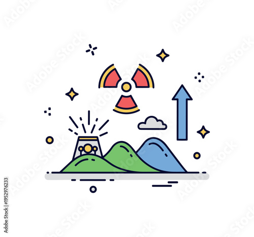 Environmental radiation alert small landscape silhouette with radiation icon and upward arrow indicator, expressing monitoring of contamination levels.