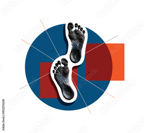 black and white human footprints trailing across sandy beach as main object, cut-out effect with subtle white outline, layered with deep blue circular backdrop