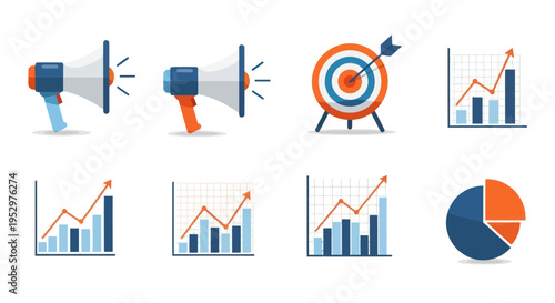 Collection of Marketing and Business Icons Including Megaphone and Charts.