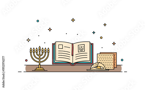 Passover Haggadah open on a simple table with a small menorah and matzah pieces nearby, expressing tradition, storytelling, and ceremonial observance. Subtle