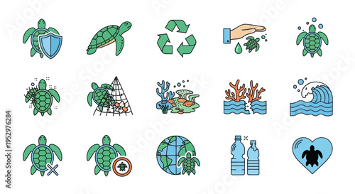 Colorful Sea Turtle Icons Representing Conservation and Protection.