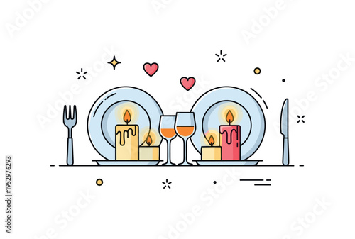 Romantic dinner for two featuring paired plates and softly glowing candles, symbolizing intimacy, attention to detail, and special moments. A