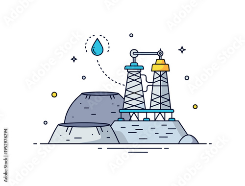 Lunar water ice harvesting concept illustrated by a drill tower positioned near a shaded crater with a small droplet icon highlighted. The composition reflects