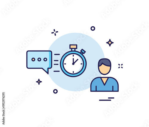 Dialogue timing direction concept featuring a small speech bubble icon aligned with a stopwatch symbol near a performer silhouette, symbolizing pacing and