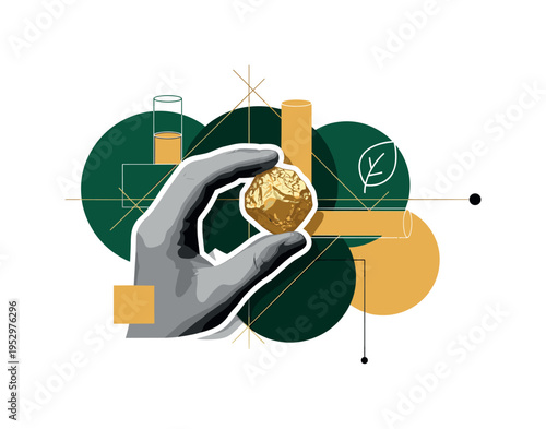Black and white realistic gold nugget held in a gloved hand, cut-out effect with white outline, layered over bold geometric circles in deep emerald green and