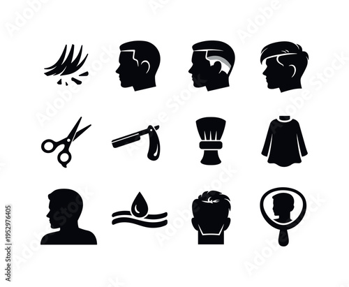 Fresh Haircut. Solid icon set of Fresh Haircut: trimmed hair ends, clean hairline, sharp fade, undercut style, layered ends, haircut scissors, barber razor,