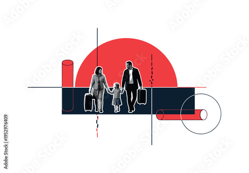 Monochrome silhouette of a walking family with suitcases, retro documentary photo style, outlined with white contour, oversized red semicircle rising behind