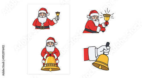 Festive Santa Claus illustrations with ringing bells for Christmas.