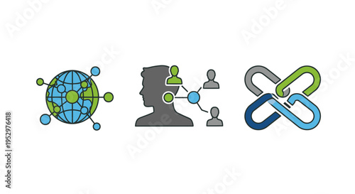 Network Connection Icons: Globe Head with Connections and Interlocking Links.