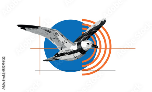 Black and white seabird sculpture assembled from plastic strips and packaging fragments, bold blue circular backdrop and orange concentric arcs expanding from