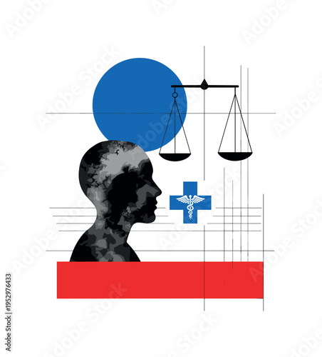 A black-and-white profile silhouette of a human head with an abstract geometric brain composed of scattered red and blue shapes on one side and reorganized