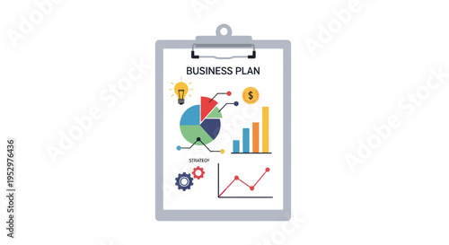 Business Plan Document with Charts and Graphs on Clipboard.