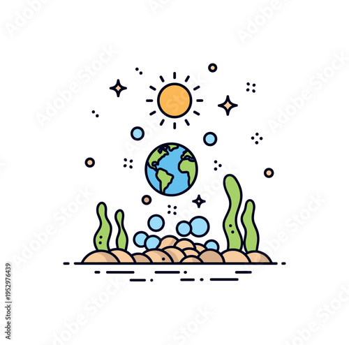 Phytoplankton ecosystem tiny floating algae shapes illuminated by a sun icon above, expressing the foundation of marine food chains and global oxygen