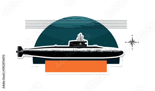 Black and white underwater submarine silhouette viewed from the side, slightly grainy vintage texture, large abstract semicircle behind representing deep ocean