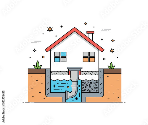 Basement waterproofing illustration house foundation cross section with water diverted away by a drain pipe and gravel layer, conveying home protection and