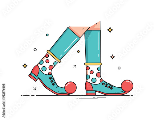 Comedic oversized footwear theme showing exaggerated long shoes with playful polka dot accents and rounded tips, representing physical comedy and exaggerated