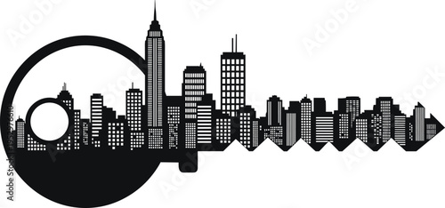 City skyline key silhouette illustration, urban access artwork, architectural design graphic, metropolitan concept, symbolic representation of opportunity