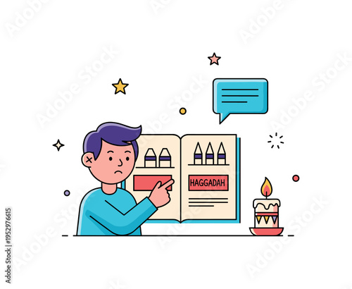 Four Questions tradition child pointing at a Haggadah page with a small speech bubble icon and festive candle nearby, symbolizing curiosity and participation