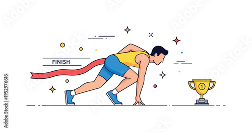 High stakes competition athlete poised at the starting line with a finish ribbon visible ahead and a small trophy icon, conveying intensity and the pressure to