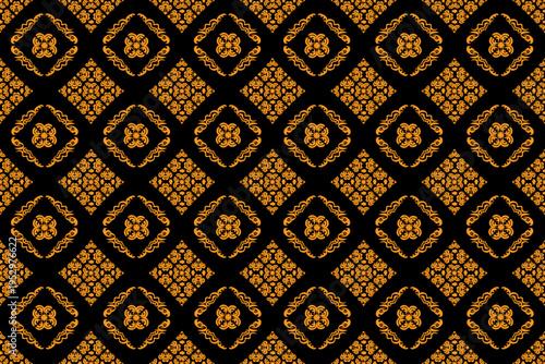 Elegant luxury seamless pattern featuring golden ornamental floral motifs arranged in symmetrical diamond shapes on a deep black background.