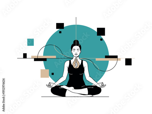 monochrome person practicing breathing exercise with visible calm posture, large teal circular backdrop intersected by subtle curved lines representing inhale