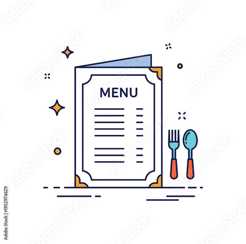 Menu card elegant folded menu standing upright with subtle decorative frame and small fork and spoon icons nearby, expressing restaurant branding and curated