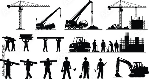Construction worker silhouette illustrations, crane bulldozer excavator artwork, building site design, black white figure set, industrial labor stylized collection