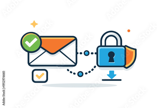 Account recovery email confirmation shown as an envelope connected to a lock icon, expressing verification, safety, and step by step resolution. Minimalist