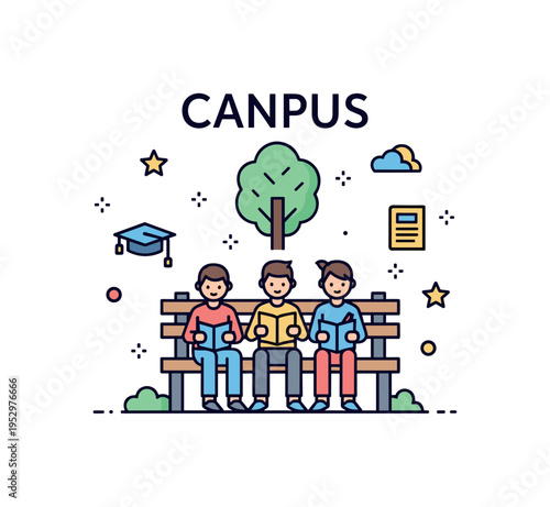 Campus study teamwork featuring a bench with students reviewing notes under a small tree icon suggesting collaborative outdoor learning and supportive academic