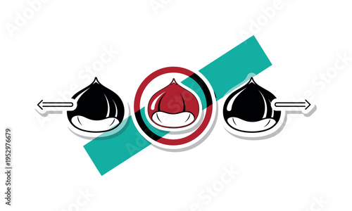 Black and white stylized chestnut repeated three times to show growth stages, bold deep red circular frame around the central nut, teal diagonal rectangle