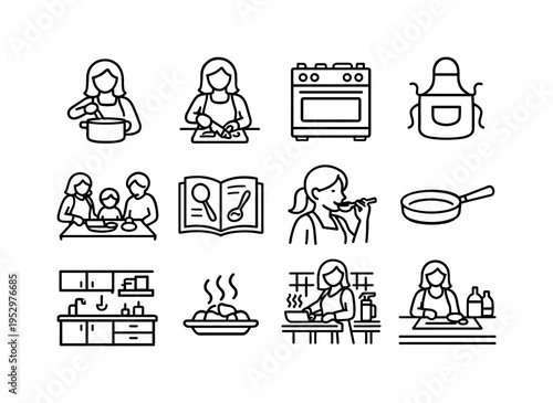 Mom Cooking. Line icon set of Mom Cooking: mother cooking, stirring pot, cutting vegetables, kitchen stove, cooking apron, family meal preparation, recipe
