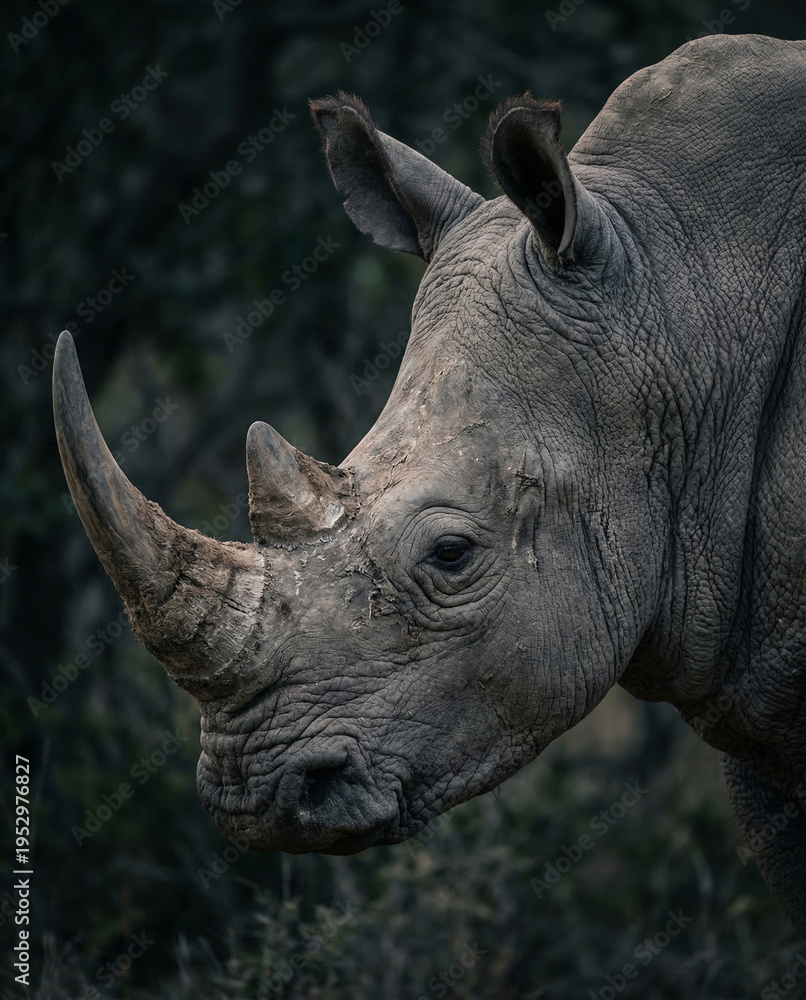 Obraz premium Profile view of a powerful rhinoceros head in a natural, dark setting, highlighting its iconic horn and thick, textured skin, symbolizing strength and resilience