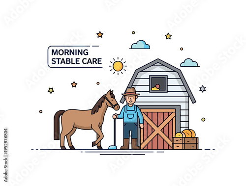Morning stable care farmer standing beside horse with small sun accent above barn doorway, conveying early routine, dedication, and peaceful farm atmosphere.