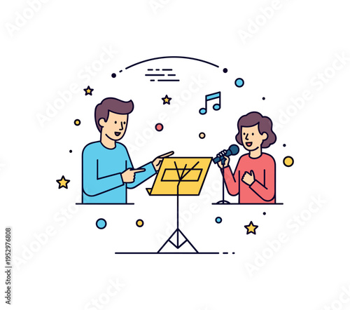Music lesson for aspiring performer showing a coach pointing at a simple music stand while a student sings confidently, representing mentorship and structured
