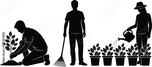 Gardening silhouette illustration set, planting watering artwork, outdoor care design, horticulture activity graphic, nature cultivation concept, garden maintenance scene