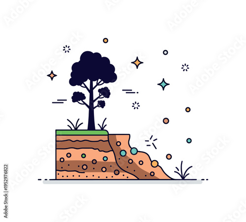 Soil erosion after deforestation featuring exposed ground layers beneath a missing tree silhouette. The image highlights land degradation and environmental