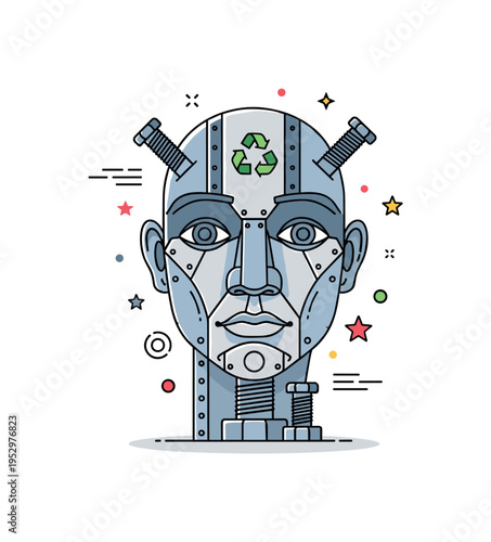 Industrial aesthetic sculpture concept centered on a stylized human face assembled from bolts and panels, expressing identity, recycling, and mechanical