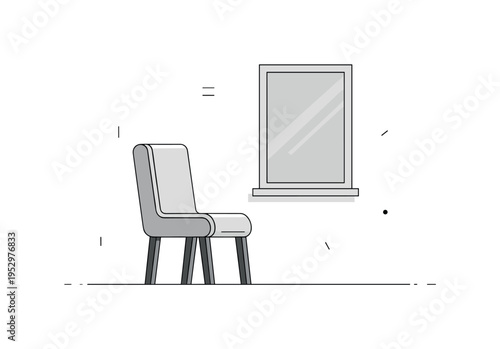Desaturated interior room plain chair beside small window with soft gray light entering, symbolizing emptiness, calm isolation, and neutral emotional tone.