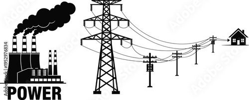 Power transmission silhouette illustration, electricity supply artwork, energy infrastructure design, black white figure set, utility grid stylized collection