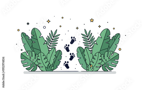 Jungle wildlife footprints crossing a narrow trail surrounded by broad tropical leaves, symbolizing mystery, biodiversity, and unseen creatures moving through