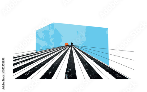 Black and white driveway scene with repetitive cleared stripes in the snow, bold icy blue abstract block behind the composition, thin black lines emphasizing