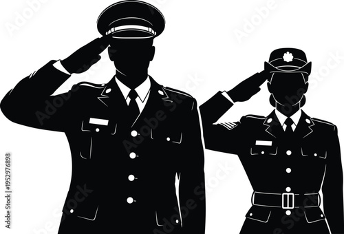 Military salute silhouette illustration set, formal uniform artwork, armed forces respect design, patriotic honor graphic, service recognition concept
