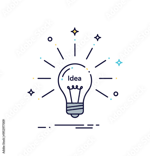 Flash of genius concept radiant bulb icon with expanding glow lines and a small text accent Idea inside, capturing excitement, realization, and creative